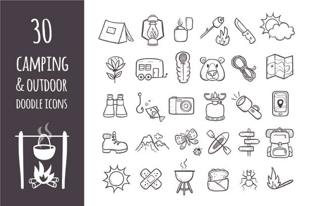 Collection of 30 camping and hiking icons Camping and hiking equipment doodle icons set. Collection of 30 forest and camping elements in hand drawn style. Outlined icons isolated on white background. Vector illustration. camping drawings stock illustrations