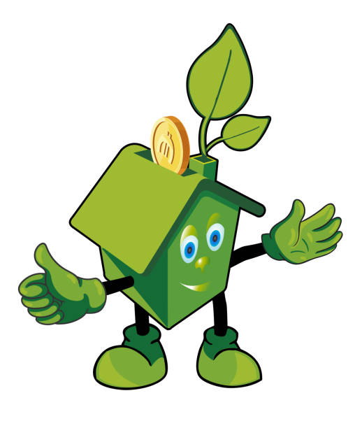 green house in the sun with energy mascot Energy-saving or Energo-passive house. Alternative energy resources fuel and power generation greenhouse efficiency power supply stock illustrations