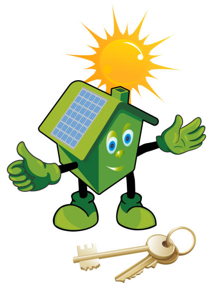 green house in the sun with energy mascot Energy-saving or Energo-passive house. Alternative energy resources fuel and power generation greenhouse efficiency power supply stock illustrations