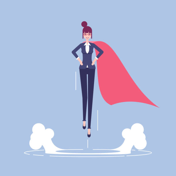 Super businesswoman illustration Successful business woman or female office worker in suit and red cape takes off up vector flat illustration. Business concept career growth and leadership superhero clip art stock illustrations
