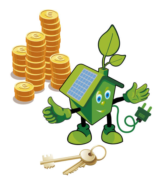 green house in the sun with energy mascot Energy-saving or Energo-passive house. Alternative energy resources fuel and power generation greenhouse efficiency power supply stock illustrations