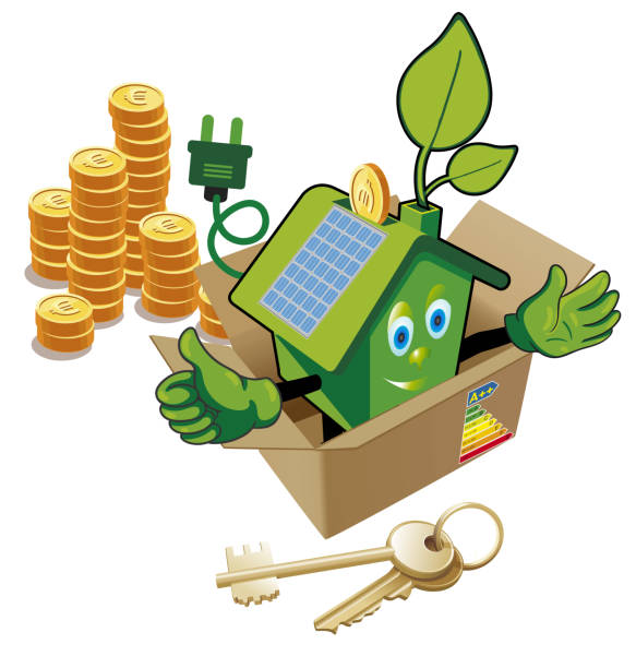 green house in the sun with energy mascot Energy-saving or Energo-passive house. Alternative energy resources fuel and power generation greenhouse efficiency power supply stock illustrations