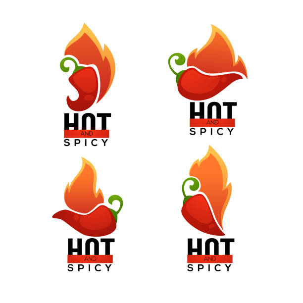 scharf und würzig chili pepper logo, symbole und embleme mit schriftzug zusammensetzung - spice symbol green chili pepper stock-grafiken, -clipart, -cartoons und -symbole