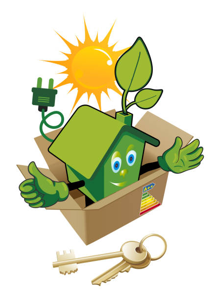 green house in the sun with energy mascot Energy-saving or Energo-passive house. Alternative energy resources fuel and power generation greenhouse efficiency power supply stock illustrations