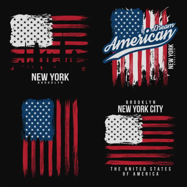 Vector illustration of T-shirt graphic design with american flag and grunge texture. New York typography shirt design. Set of modern poster and t-shirt graphic design