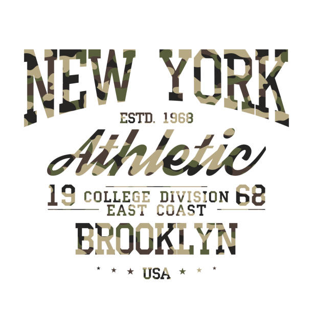 camouflage t-shirt-design. athletische nettes hemd grafik mit militärischen muster im college oder uni-stil - brooklyn university new york city summer stock-grafiken, -clipart, -cartoons und -symbole