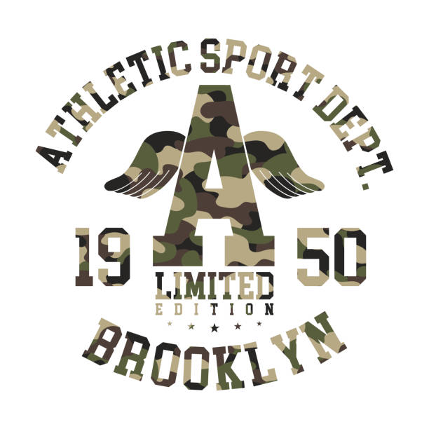 camouflage t-shirt-design. athletische nettes hemd grafik mit militärischen muster im college oder uni-stil - brooklyn university new york city summer stock-grafiken, -clipart, -cartoons und -symbole