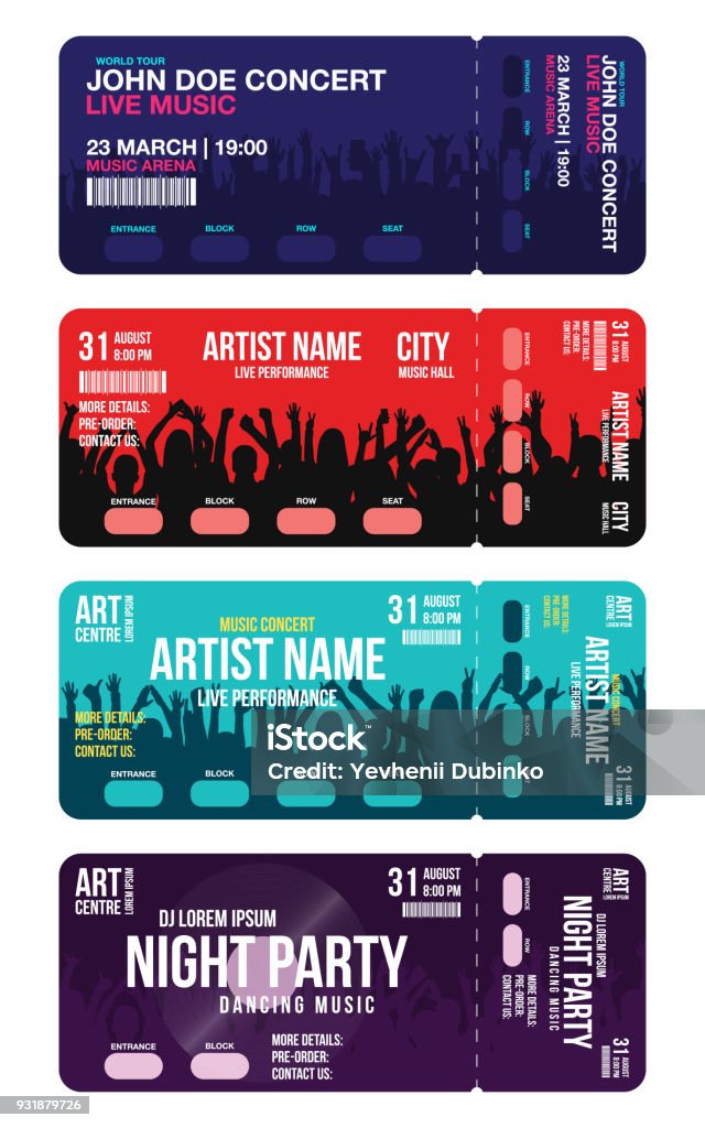 Set of concert ticket templates. Concert, party or festival ticket design template with people crowd on background. Creative ticket mockup for entrance to event Set of concert ticket templates. Concert, party or festival ticket design template with people crowd on background. Creative ticket mockup for entrance to event. Vector Ticket stock vector