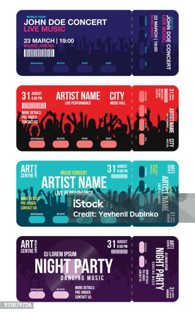 Set Of Concert Ticket Templates Concert Party Or Festival Ticket Design Template With People Crowd On Background Creative Ticket Mockup For Entrance To Event Stock Illustration - Download Image Now