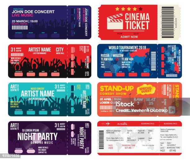 Concert Cinema Airline And Football Ticket Templates Collection Of Tickets Mock Up For Entrance To Different Events Creative Tickets Isolated On White Background - Arte vetorial de stock e mais imagens de Bilhete