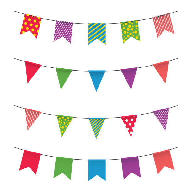 ilustrações, clipart, desenhos animados e ícones de festão com bandeiras coloridas. carnaval ou sinalizadores justos sobre fundo branco. decoração para festa, aniversário, festival - pennant flag party old fashioned