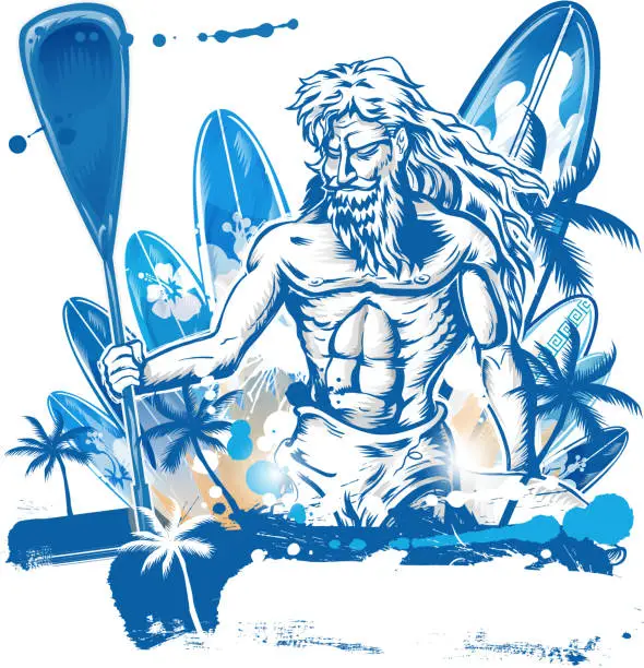 Vector illustration of poseidon puddle surfer on surfboard hand draw