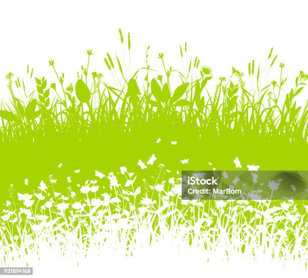 Nature Background With Grass And White Silhouette Vector Stock Illustration - Download Image Now