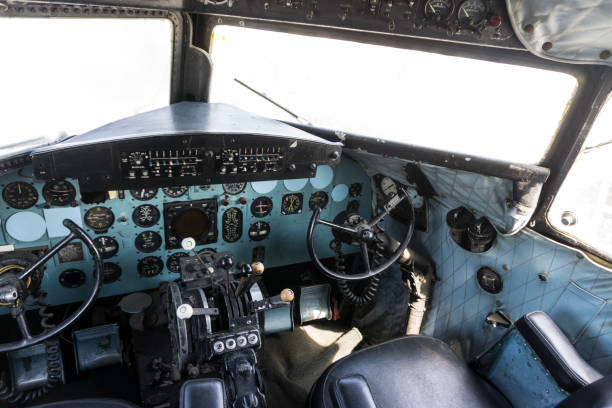 istock Interior of old cockpit and airplane control panel is defective 931894976