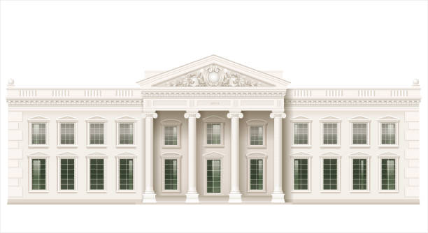 The classic facade of a public building The facade of a classical public building is a Palace, a courthouse or a theater, a Parliament or a Museum. Classicism. Vector graphics ionic stock illustrations