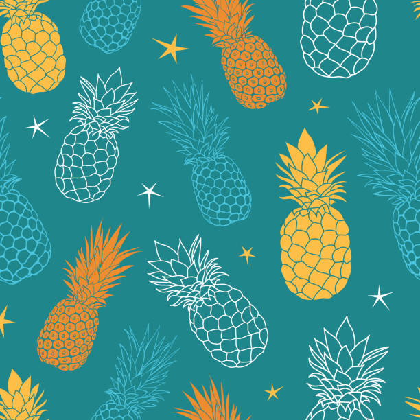 Vector verde acqua blu e giallo oineapples estate colorato tropicale senza cuciture sfondo motivo. Ottimo come stampa tessile, invito alla festa o imballaggio - illustrazione arte vettoriale