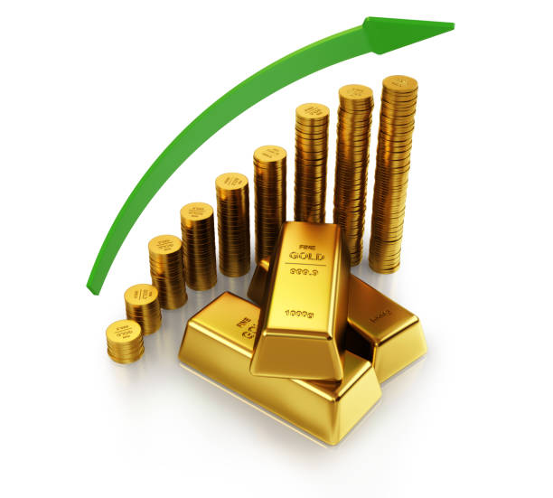 istock Gold bars and golden coins with arrow 931901788