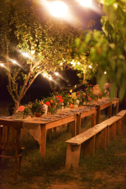 istock Prepared table for a rustic outdoor dinner at night with lamps 931902072