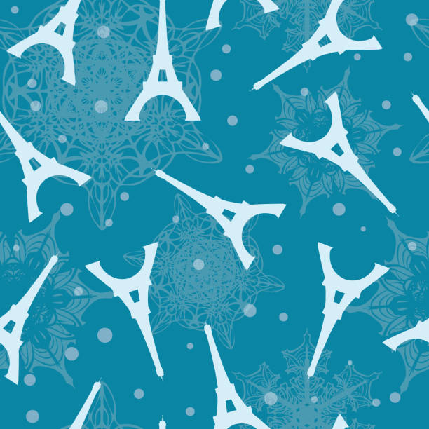 Vector Blue Eifel Tower Paris and Snowflakes Seamless Repeat Pattern. Perfect for holiday travel themed postcards, greeting cards, Christmass greeting cards Vector Blue Eifel Tower Paris and Snowflakes Seamless Repeat Pattern. Perfect for holiday travel themed postcards, greeting cards, Christmass greeting cards. Surface pattern design. eiffel tower winter stock illustrations