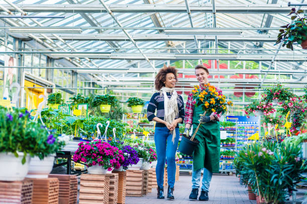 Handsome worker helping a customer with the purchase of a decorative houseplant Full length of a handsome and friendly worker helping a female customer with the purchase of an orange decorative houseplant in a modern flower shop flower market stock pictures, royalty-free photos & images
