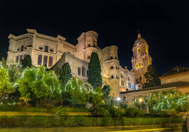 Christmas light decorations around the cathedral in Malaga, Spain