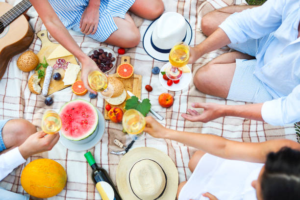 istock Summer picnic with white wine top view 931903244