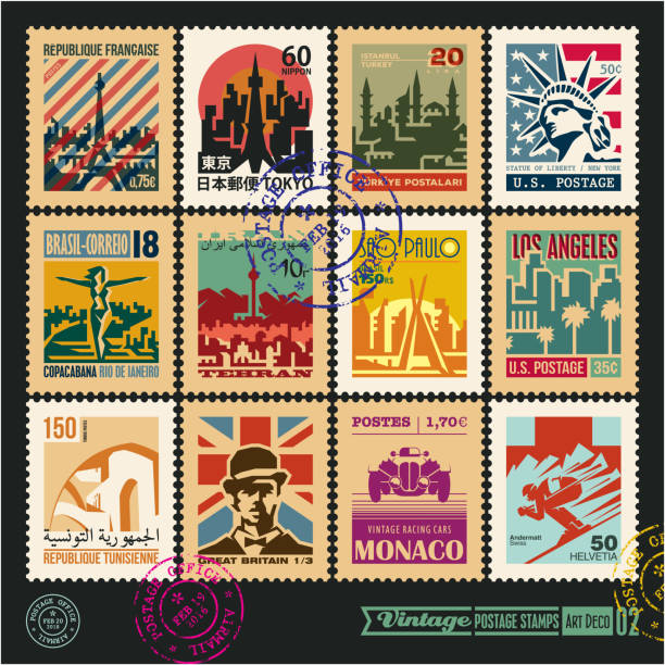 ilustrações de stock, clip art, desenhos animados e ícones de postage stamps, cities of the world, vintage travel labels and badges set, seal and postmark design templates set 2. - art deco illustrations