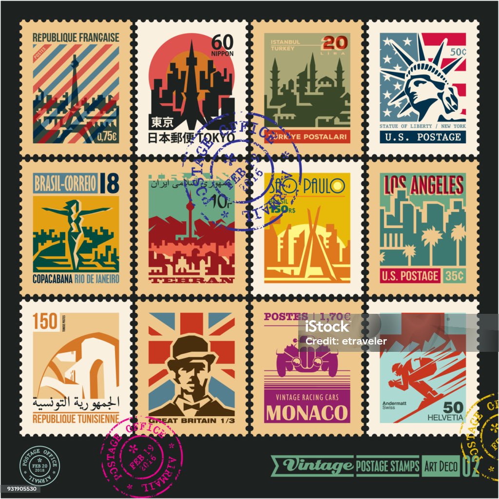 postage stamps, cities of the world, vintage travel labels and badges set, seal and postmark design templates set 2. Postage Stamp stock vector