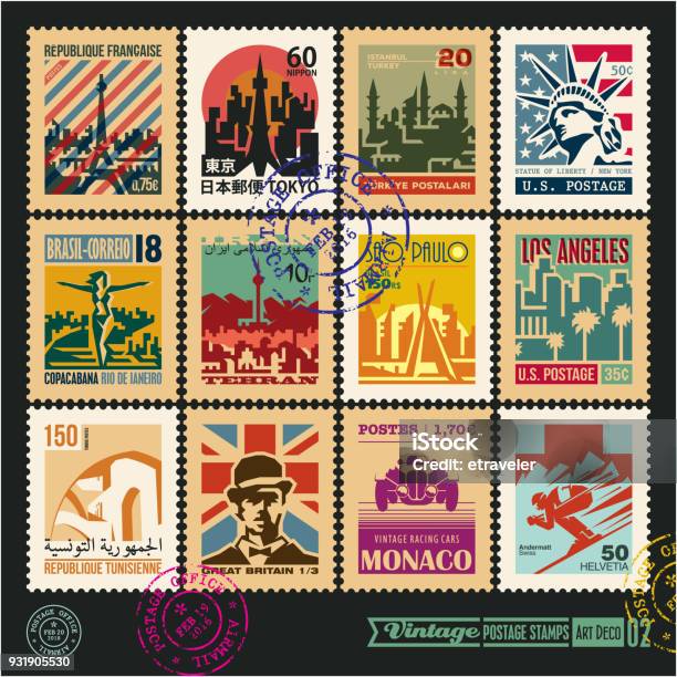 Postage Stamps Cities Of The World Vintage Travel Labels And Badges Set Seal And Postmark Design Templates Set 2 Stock Illustration - Download Image Now