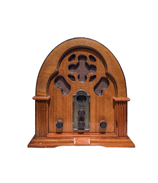 vintage wood radio from 1930 isolated with a white background.antique model cathedral. - radio 1930s imagens e fotografias de stock