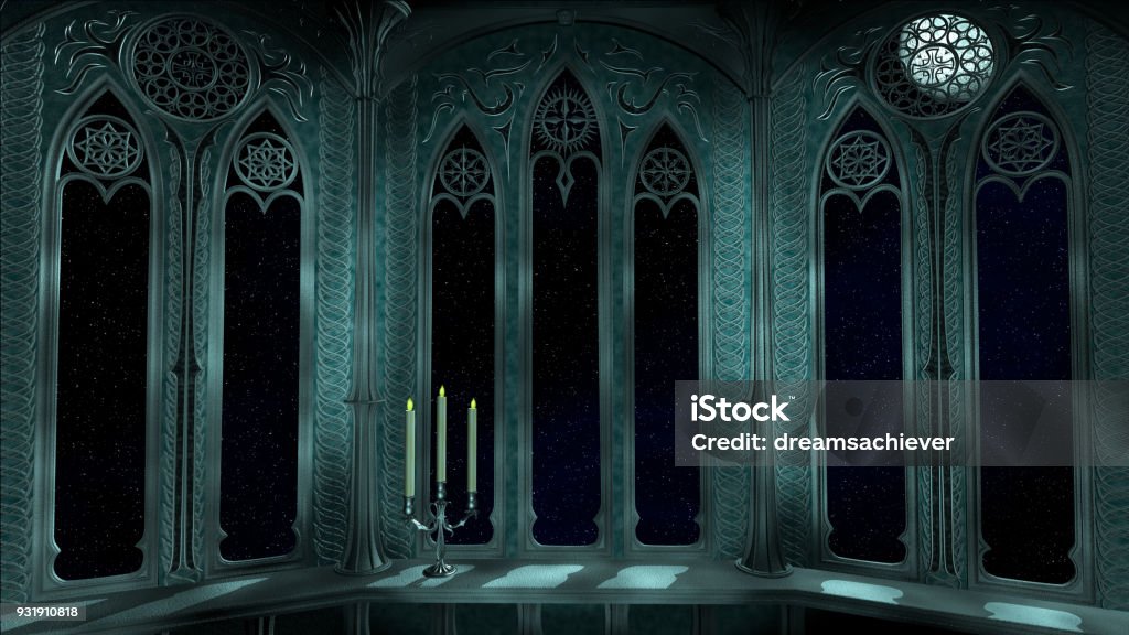 Gothic balcony in old castle 3d render background Gothic window balcony in old castle 3d render illustration Castle Stock Photo