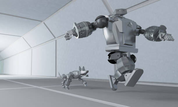 ロボットはスペース廊下で犬から離れて実行します。3 d レンダリング - cat fight ストックフォトと画像