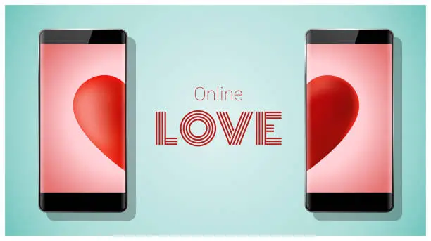 Vector illustration of Online dating concept Love has no boundaries with two smartphones matching red heart on screen , vector , illustration