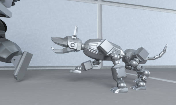istock Robot runs away from the dog on the space corridor. 3D rendering 931917874