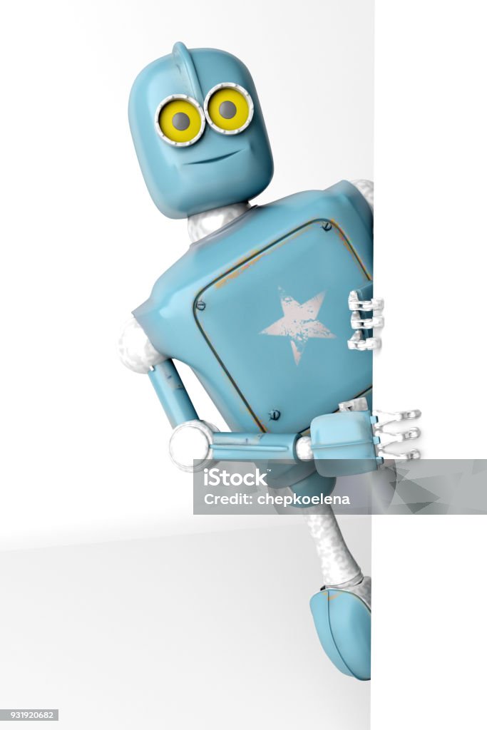 Robot retro vitage peeks out from behind the walls banner. 3d Render. Robot Stock Photo