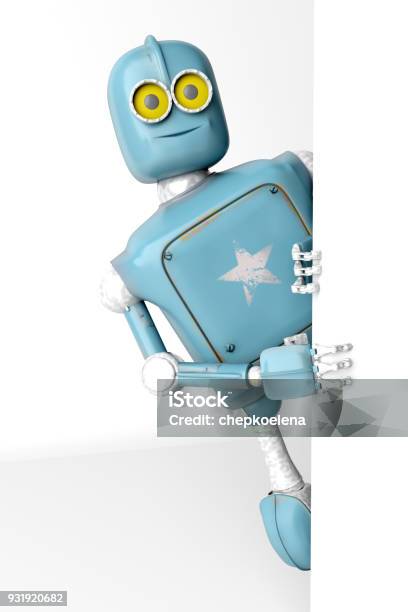 Robot Retro Vitage Peeks Out From Behind The Walls Banner 3d Render Stock Photo - Download Image Now
