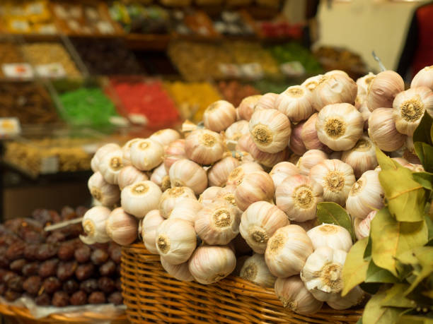 Garlic at a market in a basket