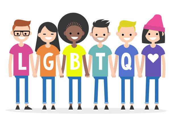 LGBTQ sign. A group of people wearing colourful t-shirts and holding each other's hands. Rainbow. Homosexual community. Flat editable vector illustration, clip art LGBTQ sign. A group of people wearing colourful t-shirts and holding each other's hands. Rainbow. Homosexual community. Flat editable vector illustration, clip art gay males stock illustrations