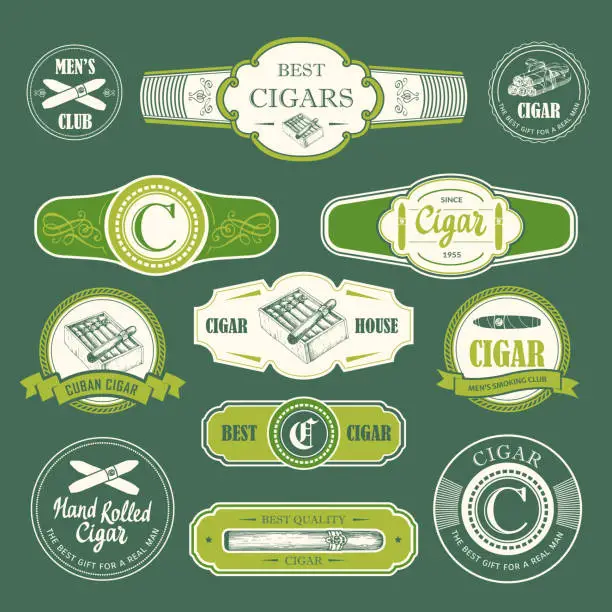 Vector illustration of Vector Illustration with logo and labels. Simple symbols tobacco, cigar. Traditions of smoke. Decorative illustrations, icon for your design. Gentleman style