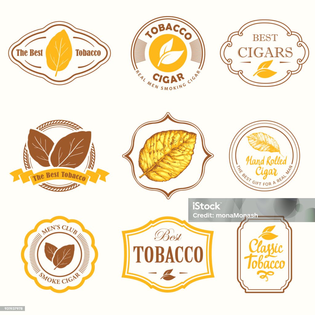 Vector Illustration with logo and labels. Simple symbols tobacco, cigar. Traditions of smoke. Decorative illustrations, icon for your design. Gentleman style Vector Illustration with logo and labels. Simple symbols tobacco, cigar. Traditions of smoke. Decorative illustrations, icon for your design. Gentleman style. Tobacco Product stock vector