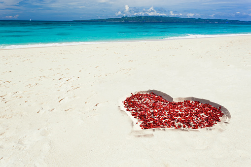 Heart of rose petals on wild perfect seashore with sea background, St Valentines honeymoon card, holiday and vacation concept