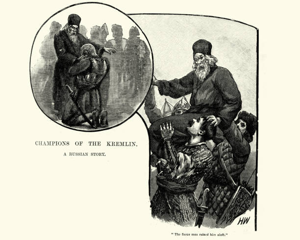 Russian warriors holing a priest on their shoulders Vintage engraving of Russian warriors holing a priest on their shoulders. Champions of the Kremlin russian orthodox priest stock illustrations