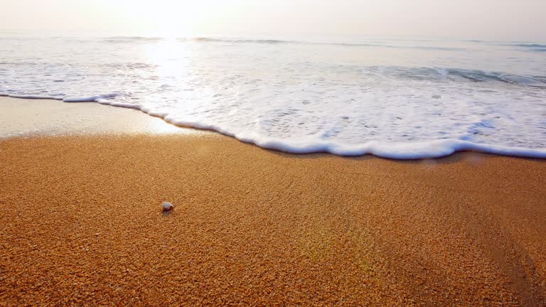 Close Up Shot of Waves Rolling Up White Sand Beach