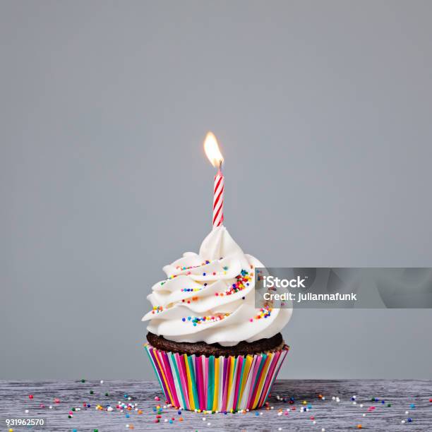 Birthday Cupcake With Red Candle Stock Photo - Download Image Now - Birthday, Cupcake, Candle