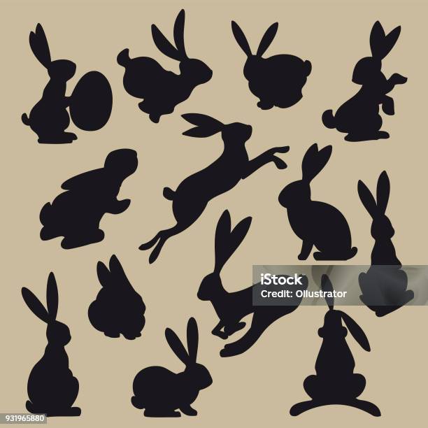 Collection Of Black Easter Rabbit Silhouettes Stock Illustration - Download Image Now - Rabbit - Animal, Easter Bunny, In Silhouette