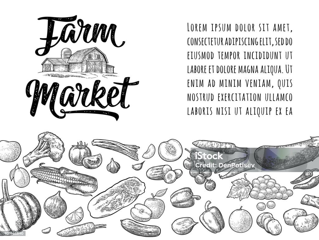 Farm market calligraphic lettering with hangar. Vector engraving vintage Farm market calligraphic lettering with vegetables and fruits. Vector engraving vintage black illustration. Isolated on white background. For logotype, label, badges, poster, web icon Woodcut stock vector