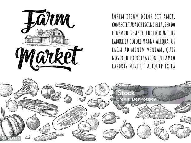 Farm Market Calligraphic Lettering With Hangar Vector Engraving Vintage Stock Illustration - Download Image Now