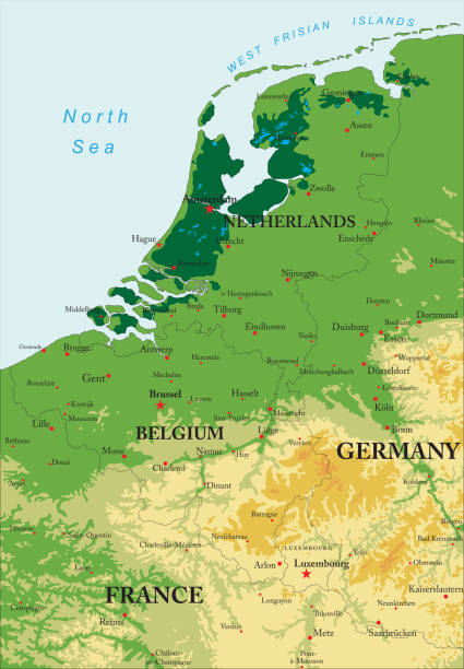 Benelux relief map Highly detailed physical map of  Benelux in vector 
format,with states borders, major 
cities and all the relief forms .
Each file is constructed using multiple 
layers including states borders, different relief forms
 and a highly detailed state silhouette. 
Each file is fully customizable 
with the ability to change the color of 
individual shapes to suit your needs.  
This vector was created using hand tracing
 in Adobe Illustrator CS3 by Bogdan Serban 
on 7/03/2018.
The source file ,courtesy of NASA: 
-https://eoimages.gsfc.nasa.gov/images/
imagerecords/66000/66087/LowCountries.
A2003105.1030.250m.jpg bergen stock illustrations