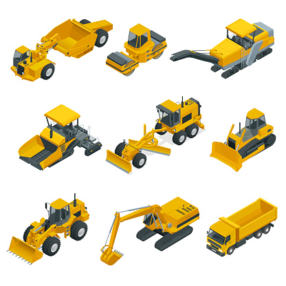 Big isometric set of construction equipment. Forklifts, cranes, excavators, tractors, bulldozers, trucks. Transport for laying and repair of asphalt. Career and construction vector illustration