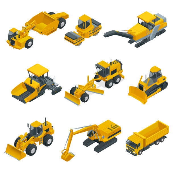Big isometric set of construction equipment. Forklifts, cranes, excavators, tractors, bulldozers, trucks. Big isometric set of construction equipment. Forklifts, cranes, excavators, tractors, bulldozers, trucks. Transport for laying and repair of asphalt. Career and construction vector illustration scraping stock illustrations
